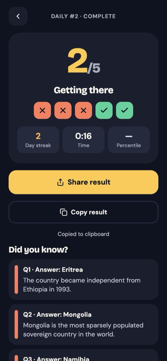 The result screen: score, streak, time and fun facts