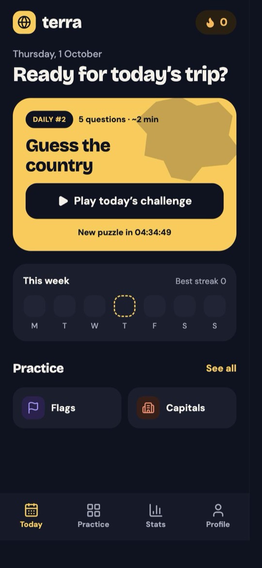 Terra's Today screen: the daily challenge card and this week's streak
